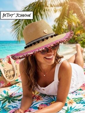 Betsey Johnson Straw Pom-Pom Sun Hat with Fringed Brim